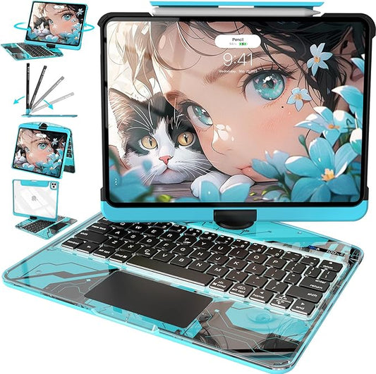 Intermerge Clear Keyboard Case for iPad Pro 11"(M5,2025/ M4,2024), 360° Swivel Multi-Touch Trackpad, 7-Color RGB Backlit, Pencil Holder, Type-C, Power Indicator, Aqua Pulse