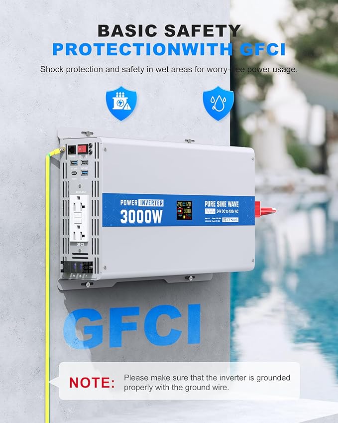 ASMONTRIC 3000W Pure Sine Wave Power Inverter 24V DC to 120V AC Converter 6000 Watt Peak Power Multi-Display Screen with 2 GFCI Outlet 30W USB and 18W Type-C for Car RV Truck Boat Off-Grid, Gray Blue