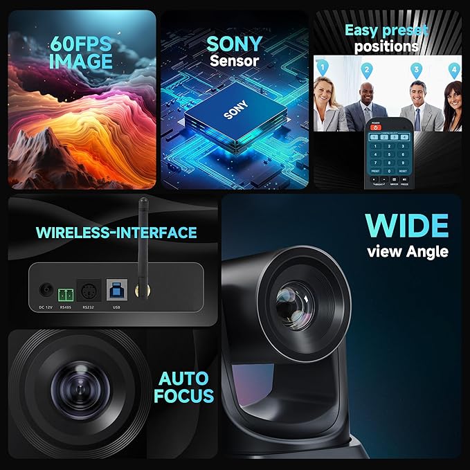 TONGVEO Wireless AI PTZ 20X Camera System with Auto Tracking Built-in Receiver & Bluetooth Speakerphone, 5.8GHz 1080P 60fps Conference Camera for Church Zoom, OBS Meetings