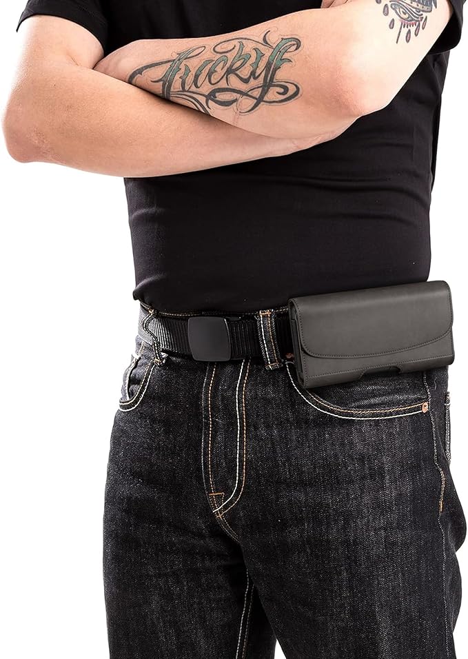 BOMEA Case for Large iPhone Plus, Pro Max 16 15 14 13 12 11 XS, Samsung Galaxy S25+ S24+ S23+ S22+ S21+, Cell Phone Belt Holster Clip, ID Card Holder Pouch, Fits with Case On, Pewter Large