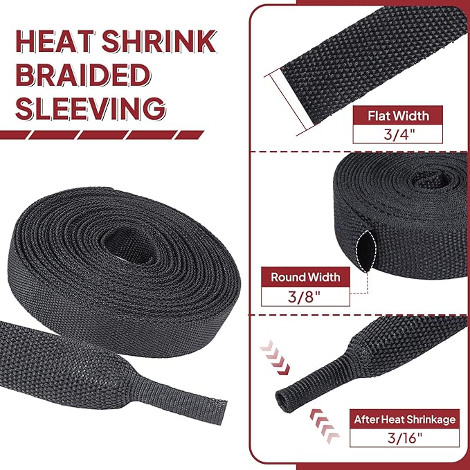 BuyUneed Braided Sleeving Heat Shrinkable Fabric 2:1 Ratio- Abrasion Protection Flexibility Wiring Harness Cable Sheath (3/8" ID, 16ft)