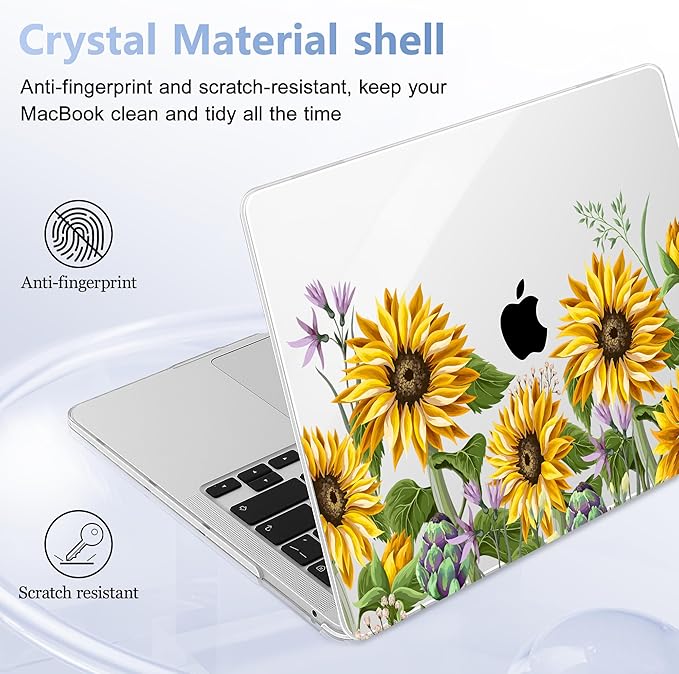 Lepeoac Case for MacBook Pro 13 inch Case M2 2022-2016 A2338 M1 A2251 A2289 A2159 A1989 A1708 A1706, Plastic Hard Shell + Keyboard Cover + Dust Plug, Sunflowers