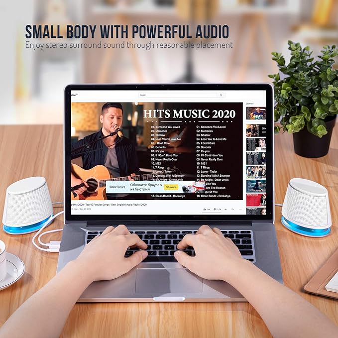 Sanyun SW102 Computer Speakers, 5Wx2, Deep Bass from Compact Cabinet, Stereo 2.0 USB Powered 3.5mm Aux Multimedia Speakers, Built-in Passive Bass Radiators, PC Laptop Desktop Speakers, White