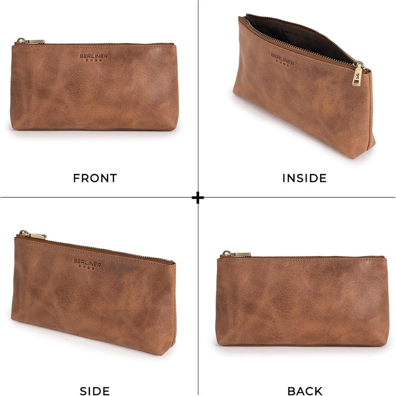Vintage Genuine Leather Makeup Bag | Anna Cosmetic Pouch for Travel - Brown