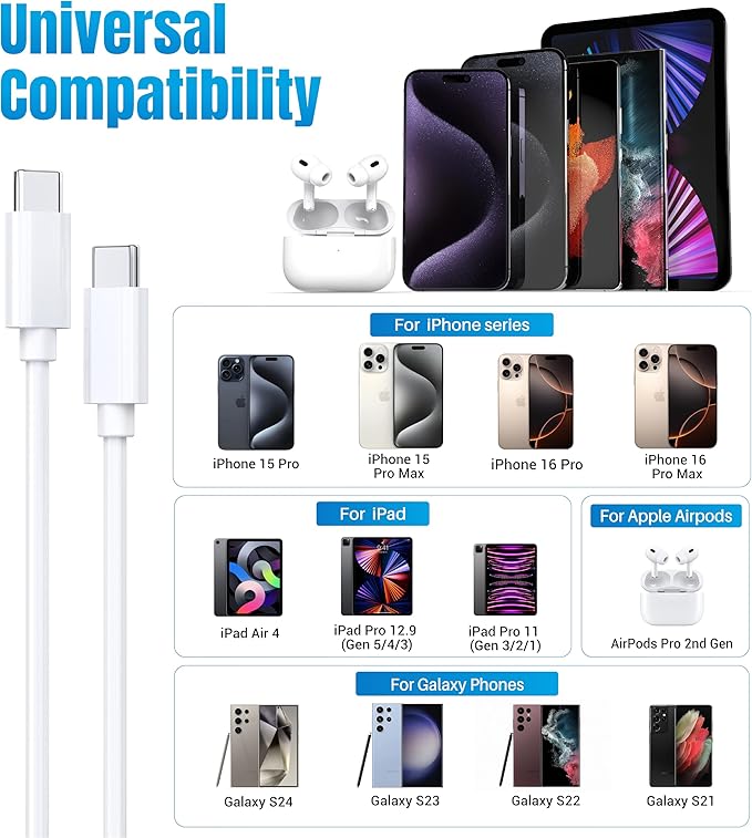 TT&C 30W USB C Fast Charger kit with 10FT & 6.6FT Cables, PD 3.0 Power Wall Block Compatible with iPhone 17, 17e, iPhone Air, 16, 15, Pro Max, & for Galaxy S26 S25 S24 Ultra & iPad Pro (White)