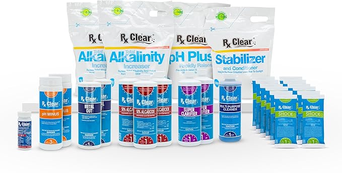 Rx Clear Deluxe Spring Chemical Opening Pool Cleaning Kit | for Swimming Pools Up to 30,000 Gallons | Includes Shock, Clarifier, pH Minus, Algaecide and More | Keep Your Pool Clean and Clear