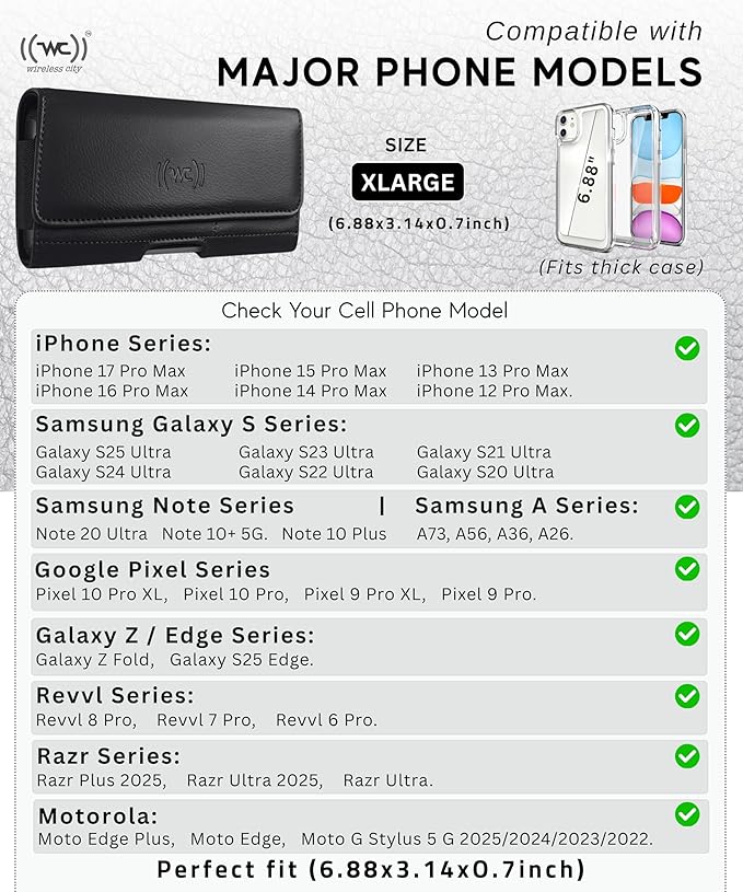 Wireless City XL Leather Phone Holster for Men Horizontal Belt Clip & Loop Phone Pouch with Card Holder, Magnetic Closure, Fits iPhone 17/16/15 Pro Max, S25 Ultra, Pixel 9 Pro XL