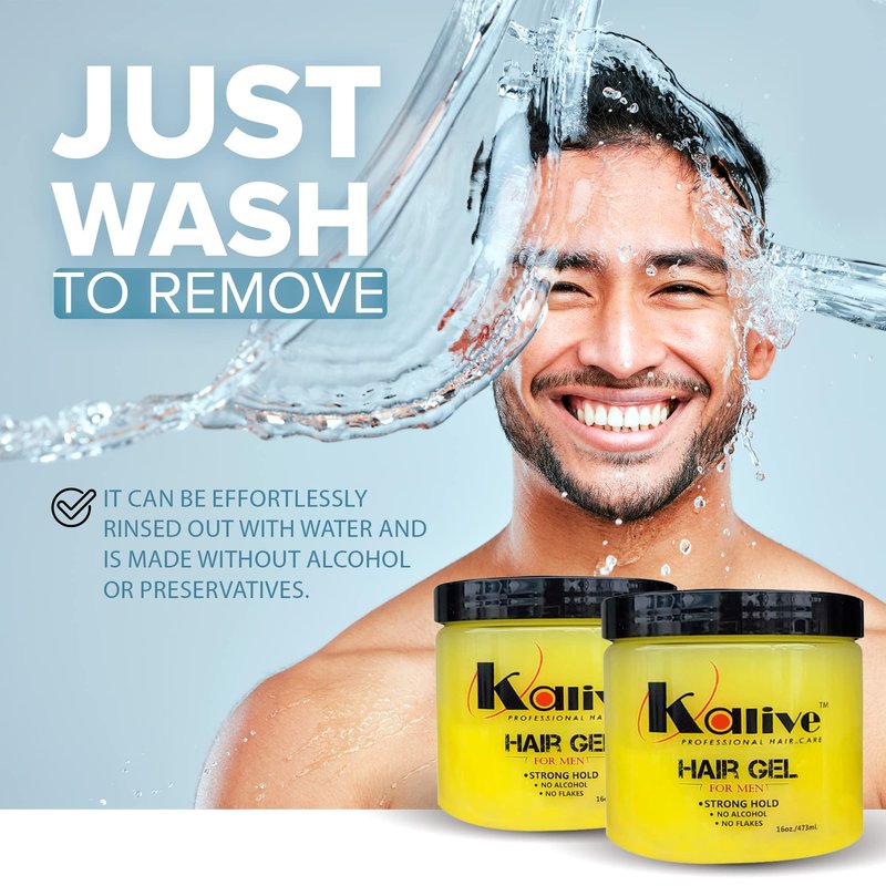 KALIVE Men's Hair Styling Gel 16 oz, (2-pack), Strong-Hold and Light Shine all day, Mens Hair Product fresh scent No Flaking or Alcohol