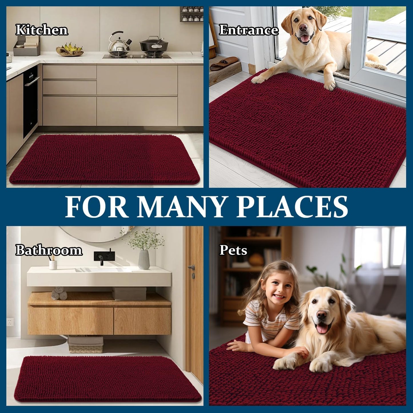 OLANLY Dog Door Mat - Absorbent Non-Slip Washable Doormat for Muddy Paws | 70x32 Burgundy