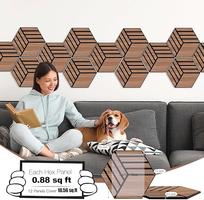 Mollywell Acoustic Panels, PVC Wood-Grain, 14x12 Inch Hexagon Carved Sound Proof Wall Tiles, Self-Adhesive High Density Felt for Home Theater/Studio/Office Echo Reduction, 12 Pack Walnut, TW4