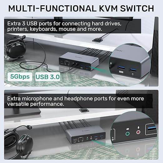 SUIDEK HDMI Displayport KVM Switch 2 Monitors 2 Computers - 4K@60Hz Aluminum with 3 USB 3.0 Ports Audio & Microphone Ports Share Dual Monitors Keyboard Mouse Printer - 2 USB Cable Controller Adapter