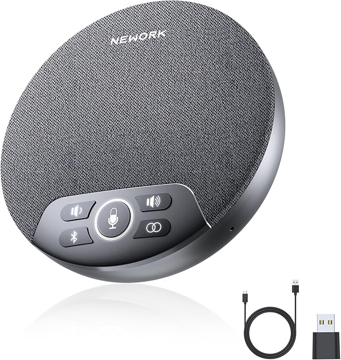 NEWORK Bluetooth Conference Speakerphone with AI Noise Reduction, 4 Mics, 360° Voice Pickup, 2600mAh Battery, Bluetooth/USB-C/Dongle, Daisy Chain for Large Rooms, Compatible with Zoom/Teams/Skype
