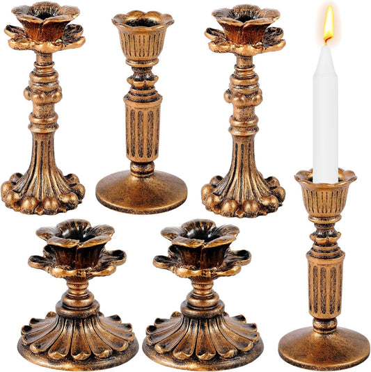 Suclain Vintage Candlestick Holders - 6 Pcs Retro Floral Taper Candle Holders for Home Decor | Bronze