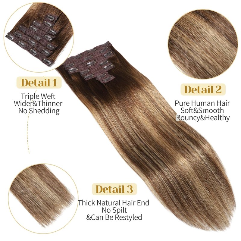 Real Human Hair Clip-In Extensions - Ombre Chocolate Brown to Caramel Blonde | 14 Inch, 7pcs, 70g