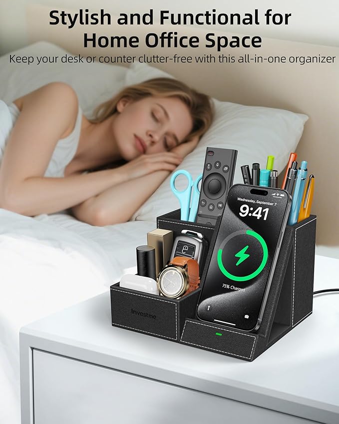 Investme Wireless Charger with Desk Organizer, Pen Pencil Holder, Multifunctional Desktop Organizer, Office Supplies and Desk Accessories Organizer with 3 Compartments and 1 Phone Stand
