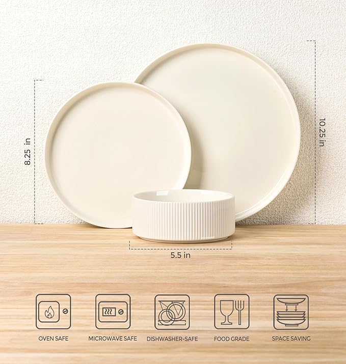 TheTerra Ceramic Dinnerware Sets for 6, 18 Pieces Porcelain Lightweight Plates and Bowls Sets, Scratch Resistant Dish Set, Oven & Microwave & Dishwasher Safe, Beige