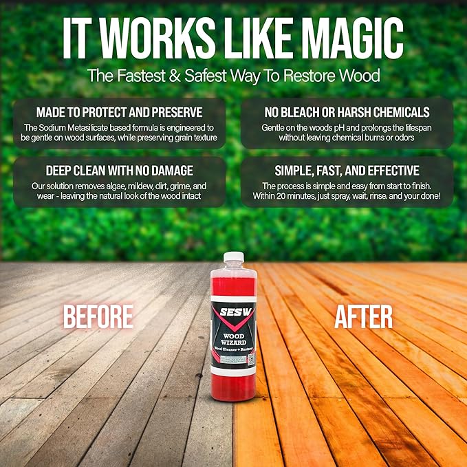 Southeast Softwash Wood Wizard | Heavy Duty Wood Floor Cleaner & Stain Remover | No-Bleach Wooden Floor Cleaner for Decks, Fences, & Docks | Odorless Concentrated Solution (1 Quart Bottle, 1 Pack)