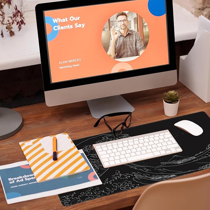 Eflxamz Desk Mat,Black Japanese Sea Wave Desk Pad,Japanese Sea Wave Large Gaming Mouse Pad for Desk,Extended Big Computer Keyboard Mouse Pad with Non-Slip Base and Stitched Edge,31.5"x11.8"