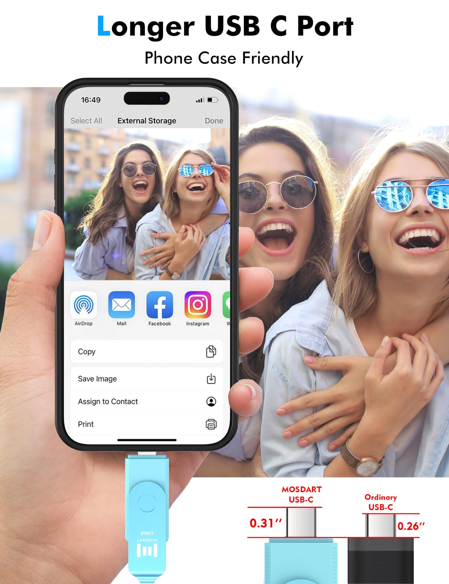 MOSDART 128GB USB C 3.2 Fast Speed C and A Dual Flash Drive, exFAT Memory Stick with Keychain and LED Indicator, for iPhone 15,16,17, Android Phone, iPad, MacBook, and Other Laptops, Sky Blue