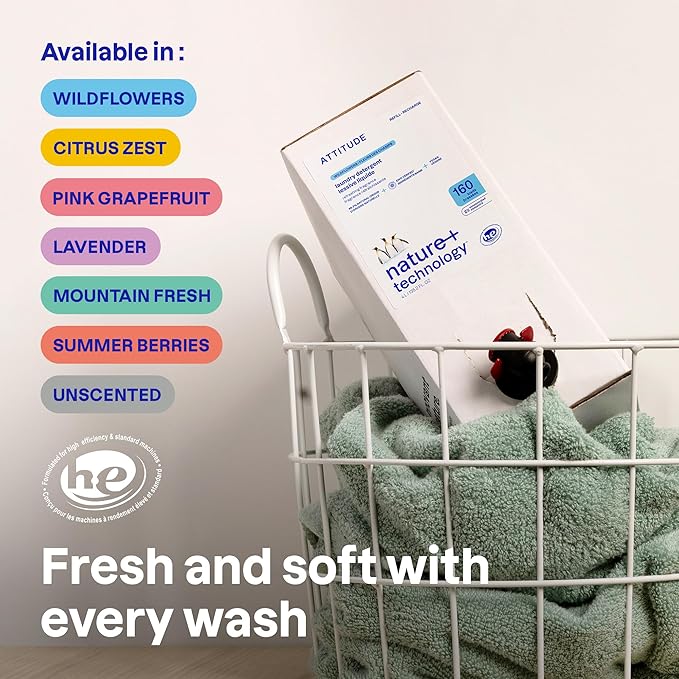ATTITUDE Liquid Laundry Detergent Refill, EWG Verified, HE Compatible, Plant-Based & Vegan, Natural Laundry Soap, Summer Berries Scent, 160 Loads, 135.26 Fl Oz (Pack of 2)
