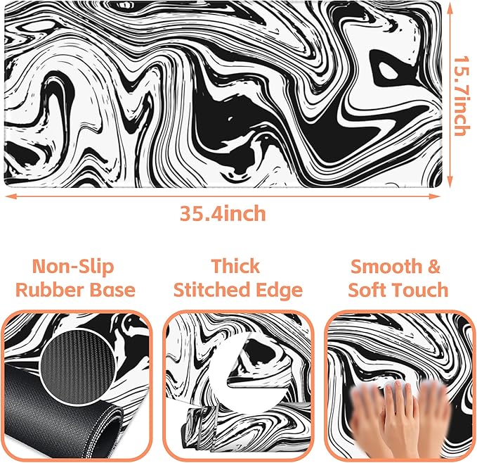 NIYLYNSYN Mouse Pad Large Black and White Fluid Non-Slip Gaming Desk Mat with Stitched Edge Laptop Keyboard Desk Pad for Work Home Gaming (35.4 x 15.7 Inches)