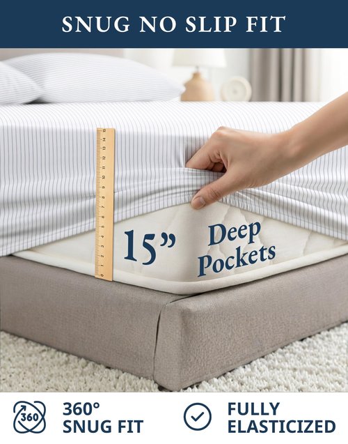 LANE LINEN 100% Organic Cotton Printed California King Sheets Set, 4-Piece All Season Fully Elasticized Deep Pocket Fits Mattress Upto 15", Mercerized Printed Cal King Sheet Set -Ticking Stripe Blue