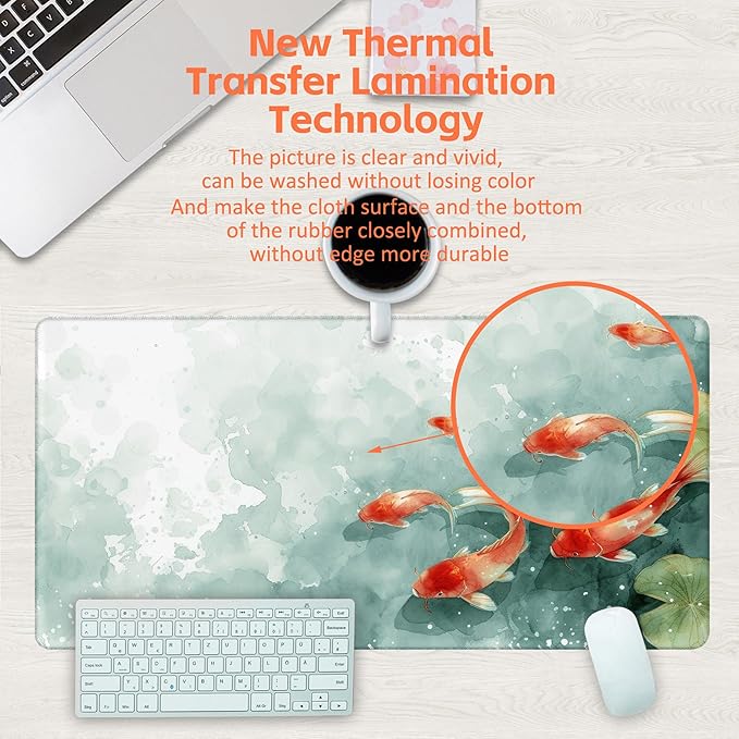 KOAIWPAE Desk Pad, Watercolor Koi Fish Desk Mat, Koi Fish in Pond Large Gaming Mouse Pad, 31.5"x15.7" Extended Big Computer Keyboard Mouse Pad with Non-Slip Base and Stitched Edge