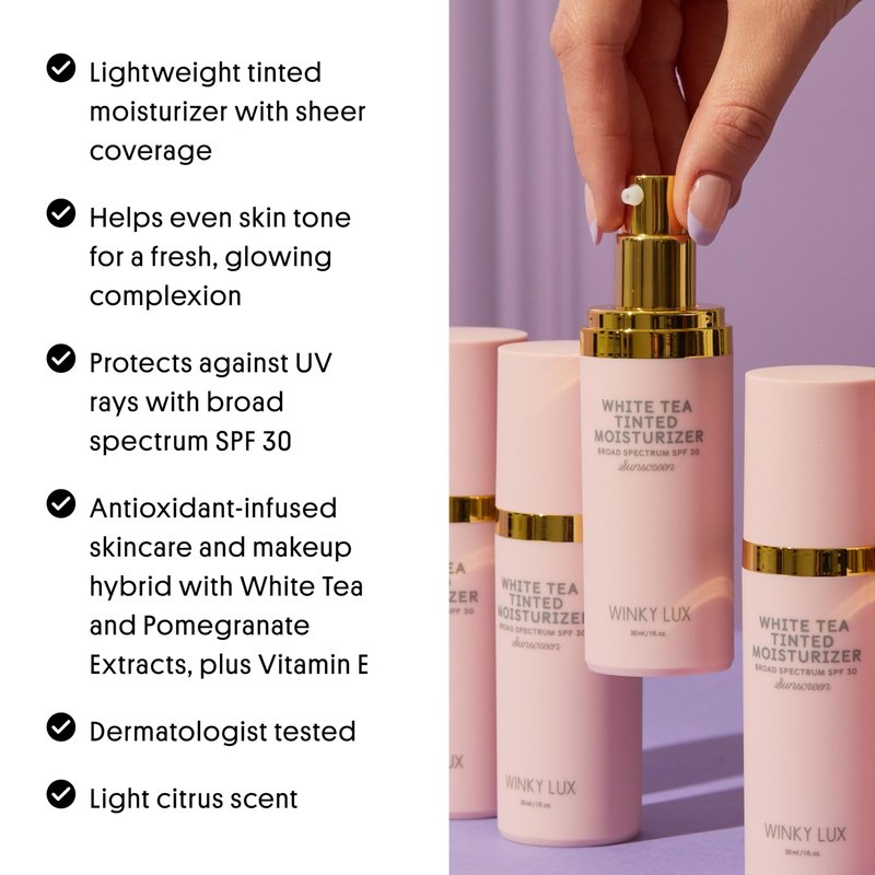 Winky Lux White Tea Tinted Moisturizer SPF 30 - Buildable Coverage with Facial SPF, Lightweight Sunscreen for Face, Naturally Radiant Finish, Long Lasting Coverage with Vitamin E, Deep Plus