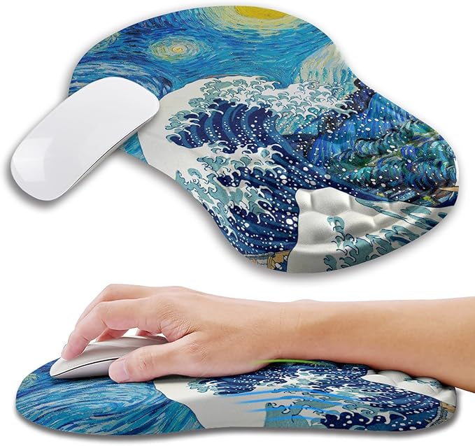 Kuosgm Ergonomic Mouse Pad Wrist Support with Memory Foam Massage Bulge, Carpal Tunnel Pain Relief Mousepad Wrist Rest for Mouse(12x8 inch,Wave Starry)