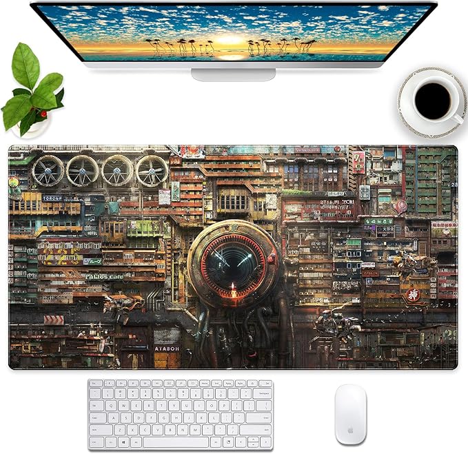 Cyberpunk Mech Desk Mat, Sci-Fi City Large Gaming Mouse Pad