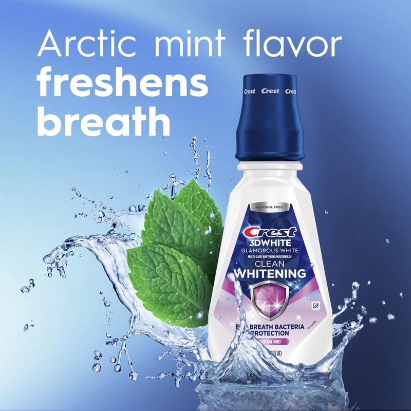 Crest 3D White Glamorous White Alcohol Free Multi-Care Whitening Mouthwash, Hydrogen Peroxide Mouthwash, Arctic Mint, 16 fl oz (473 mL) - Pack of 4, Crest Mouthwash