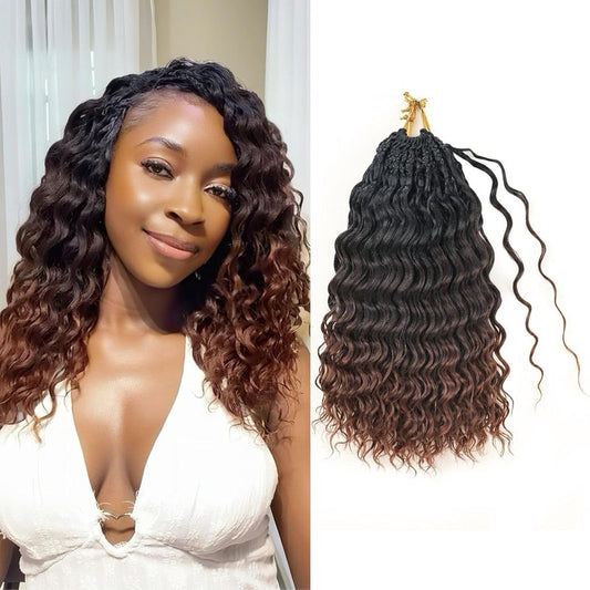 Ocean Wave Crochet Hair - 12 Inch Ombre Brown Auburn Synthetic Pre-Looped Braids | Boho Deep Wave for Black Women