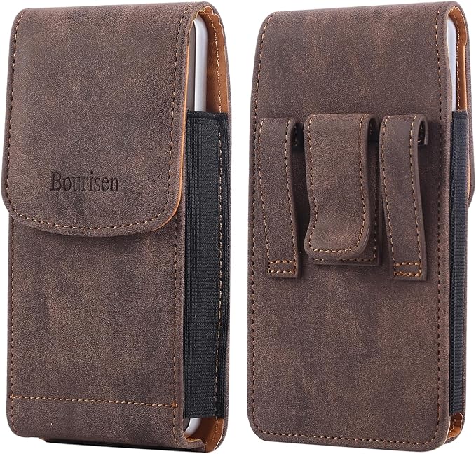 Bourisen Universal Phone Holster Phone Pouch Case Belt Clip Belt Loops Card Slot Faux Leather for Man iPhone 17/16/15pro max,16/15Plus,Samsung S25 24 S23 S22 Ultra (Brown&Yellow, XL(6.6"x3.4"x0.8"))