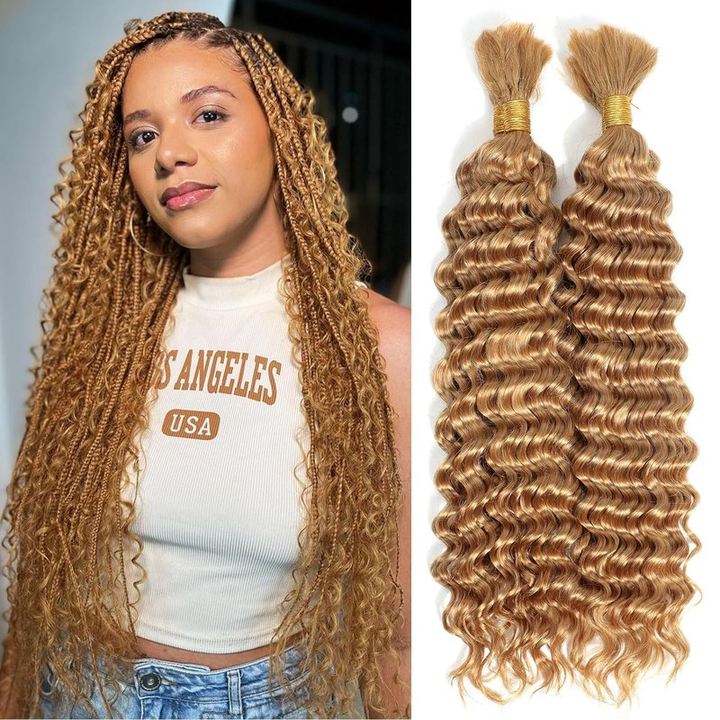 Braiding Hair Ubinica 27# Honey Blonde Deep Wave Bulk Human Hair for Braiding 2 Bundles Total 100g 16 Inch Deep Wave Bulk Braiding Hair for Boho Braids