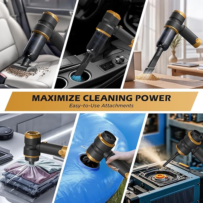 Handheld Car Vacuum Portable Cordless with 2000mAh Battery, 4 in 1 Handheld Vacuum Cleaner and Air Duster ,15000PA Portable Mini Hand Held Vacuum Rechargeable for Home, Car, Office, Pet Hair（Gold）