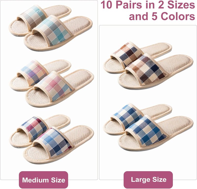 10 Pairs Washable Open Toe House Slippers - Breathable Non-Slip Casual Spa Footwear | 4 Large + 6 Medium Sizes