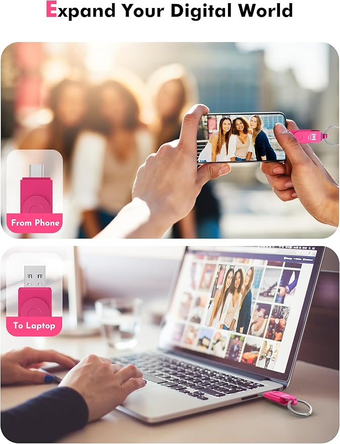 MOSDART 512GB USB 3.2 Fast Speed C and A Dual Flash Drive, exFAT Memory Stick with Keychain and LED Indicator, for iPhone 15,16,17, Android Phone, iPad, MacBook, and Other Laptops, Hot Pink
