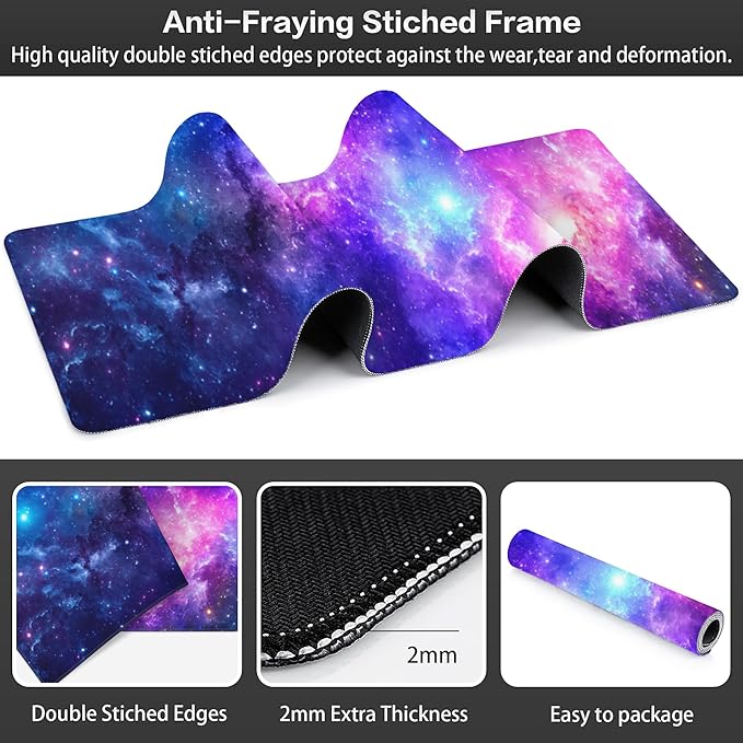 NIYLYNSYN Deep Universe Space and Stars Desk Mat,Large Galaxy Space Gaming Keyboard Mouse Pad,Non-Slip Rubber Base Desk Pad Thick Stitched Edges Waterproof Mousepad Mouse Mat 31.5"x11.8"