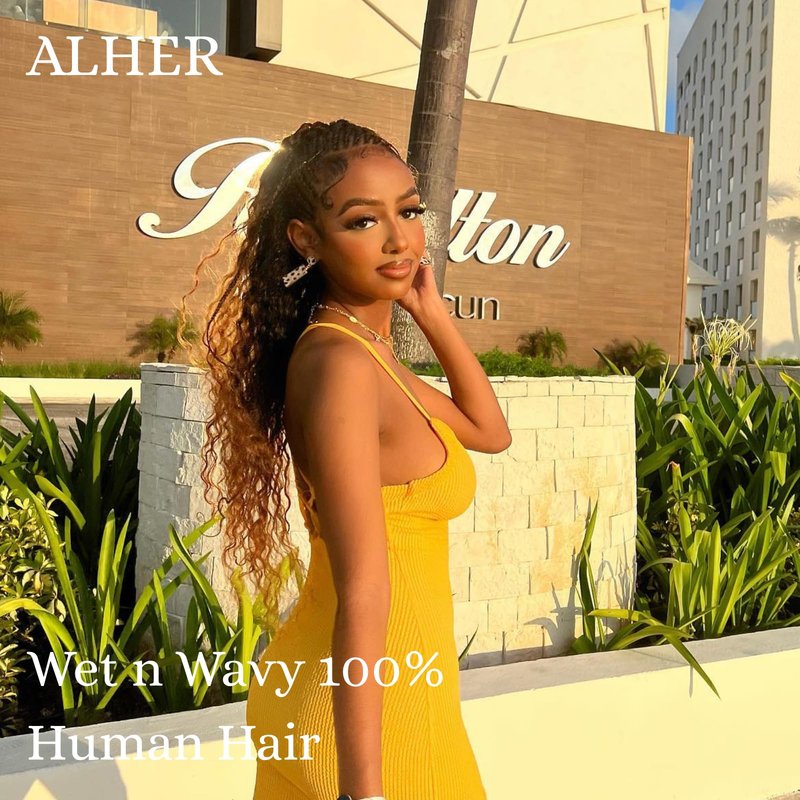 ALHER 12A Ombre Human Hair Bundles Water Wave, Soft Thick Chestnut Brown Ombre Single Curly Bundle Wet and Wavy 100% Virgin Remy Human Hair for Black Women #T1B/2/30 Dark Roots Auburn Sew In 12 Inch