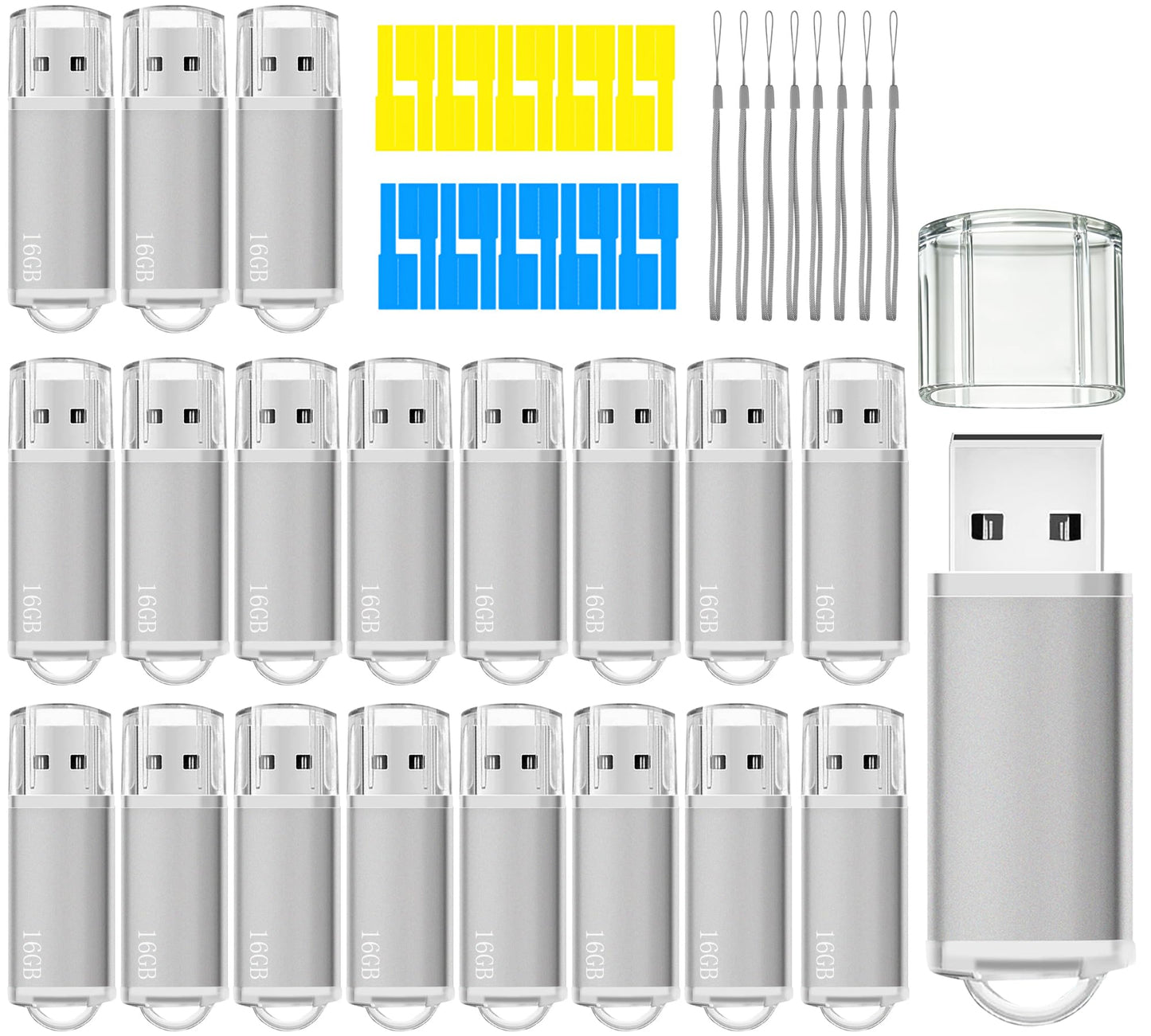 16GB USB Flash Drive 20 Pack Nicepicten Thumb Drives Pack Jump Zip Drive USB 2.0 Flash Drives Mulitipack 16GB Memory Stick with Labels & Lanyards - Silver