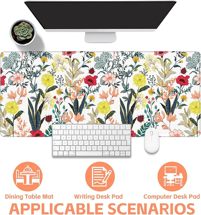 NIYLYNSYN Mouse Pad Large Summer Flower Non-Slip Gaming Desk Mat with Stitched Edge Laptop Keyboard Desk Pad for Work Home Gaming (35.4 x 15.7 Inches)