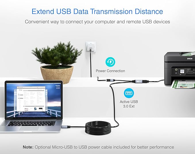 BlueRigger Active USB 3.0 Extension Cable 25FT (5 Gbps USB Extender Cord) - Long USB Extension Cable for Webcam, VR Headset, Printer, Hard Drive, Keyboard, Mouse
