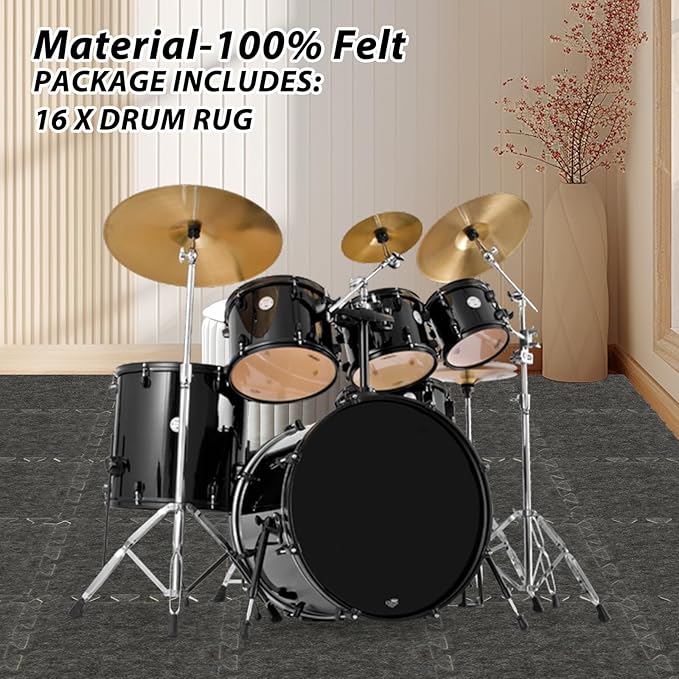 16 Pcs Sound Absorbing Interlocking Floor Mats, 11.8 x 11.8 x 0.4 inches High Density Piano Carpet Drum Rug, Non-Slip Anti Vibration Soundproof Pads Acoustic Blankets for Music Studio