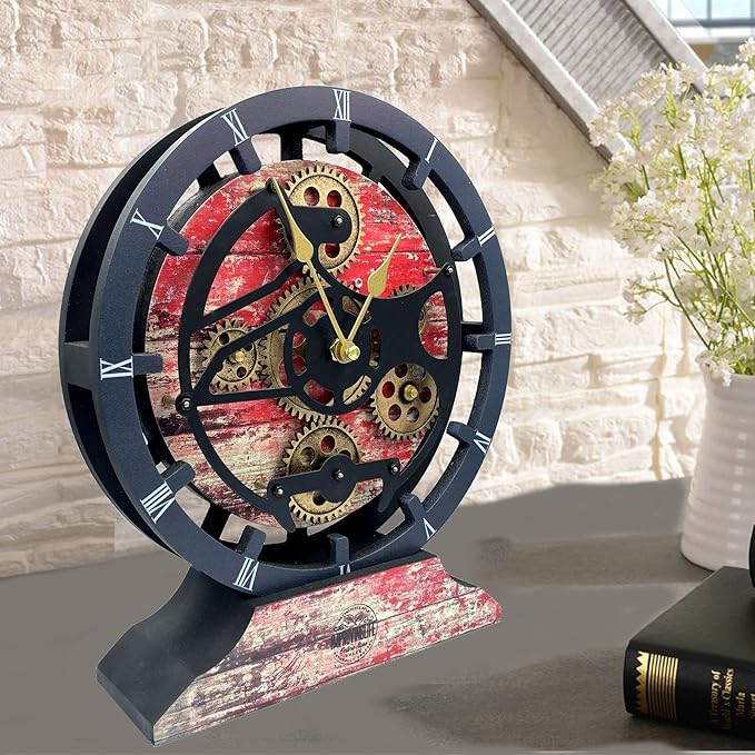 ImprovingLife The Gears Clock Desk Clock 10 inches with Real Moving Gears Convertible into Wall Clock (Red Lava)