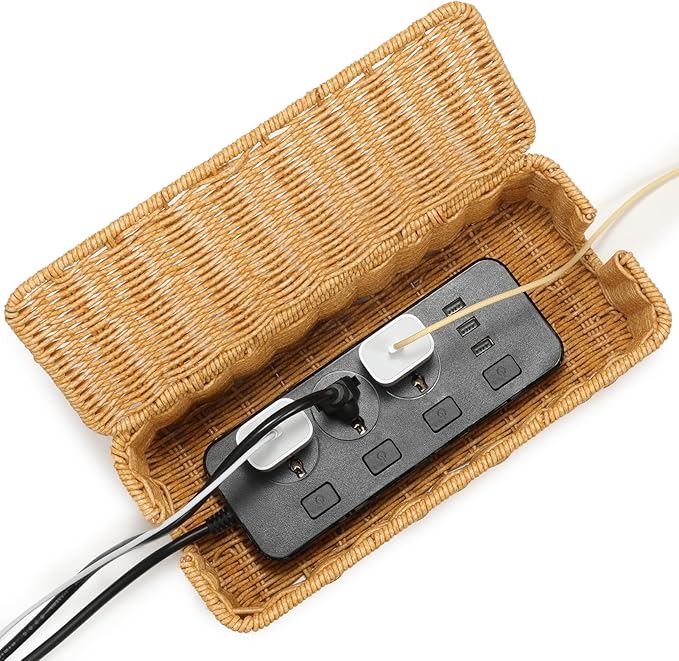 Delamu Handmade Rattan Small Cable Management Box, Cord Organizer with 2 Open Slots, Desk Cord Box Hider for Computer Router USB Hub Power Strip, 12.5" Lx 5.1" Wx 5.1" H, Natural