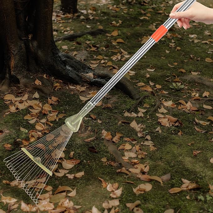 TIDTALEO Retractable Leaf Rake with 18 Stainless Steel Teeth, 80cm Telescopic Handle Lawn Tool for Garden and Yard Cleaning, Heavy Duty Small Lawn Rake for Leaves and Grass