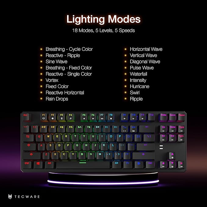 TECWARE Phantom 87 Key RGB Mechanical Gaming Keyboard | Outemu Red Switch | 16.8M Color LED Lighting | 18 Pre-Set | Low Latency | N-Key Rollover | Software Customizable Keys | Wired USB Connection