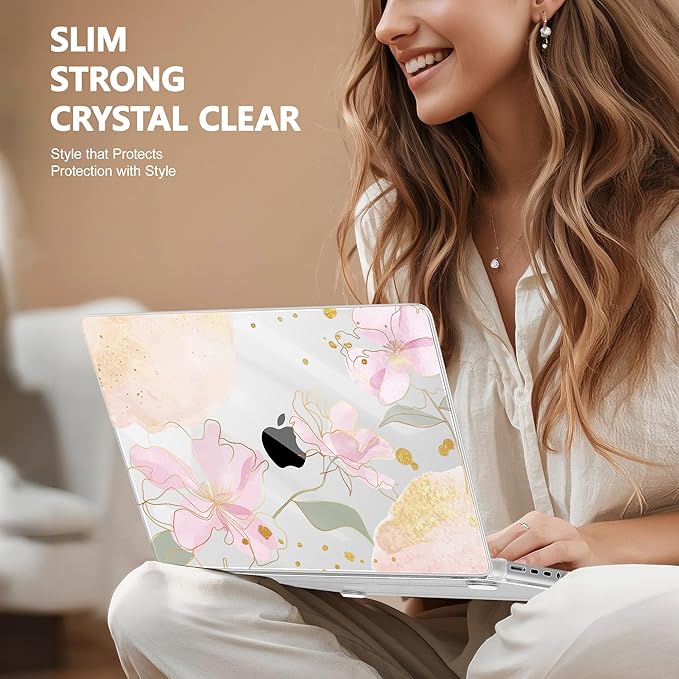 Lepeoac for MacBook Pro 16 inch Case M1 M2 M3 M4 M5 Pro/Max with Liquid Retina XDR, Release 2021-2025 2026 A3429 A3428, Hard Shell Case with Screen Protector & Keyboard Cover, Gold Blossom Flowers