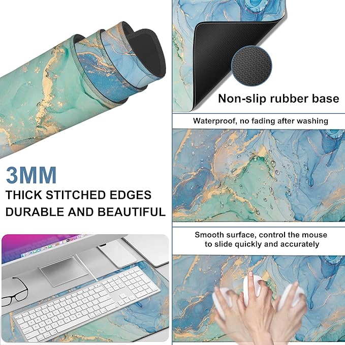 NITAHHHY Gaming Desk Pad Large Extra Length Fluid Art Marble Mouse Pad Keyboard Laptop Non-Slip Waterproof with Rubber Base Thick Stitched Edge Mouse Mat for Office Home 35.4 x 15.7 Inches