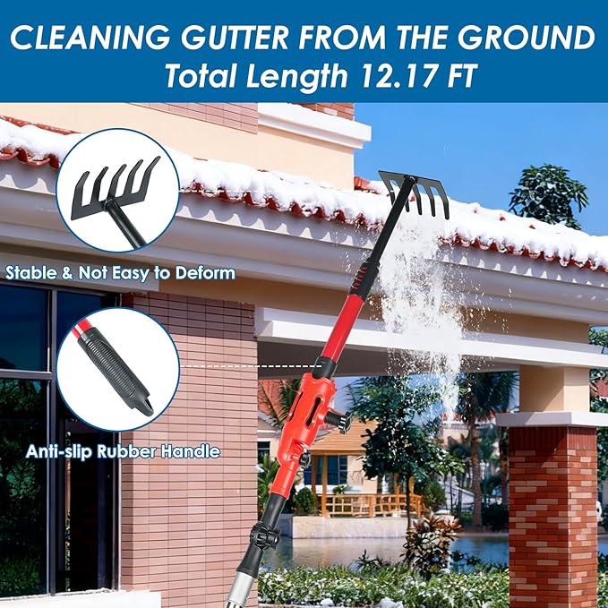Gutter Cleaning Tools from The Ground, Adjustable Gutter Cleaning Pole with 180Â° Pivoting Head, Gutter Rake & 2 Gutter Brush, Gutter Cleaner Tool for Removing Leaves, Debris & Spider Webs (Black)